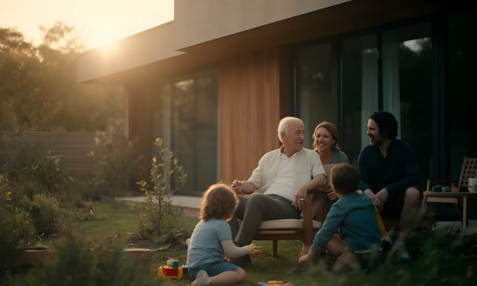 A family spending time together with an older loved one at home