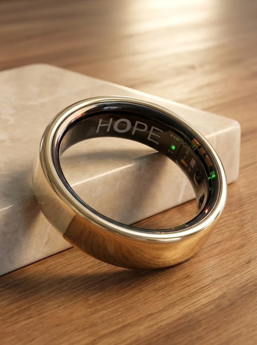 A HOPE smart ring on a warm wooden surface