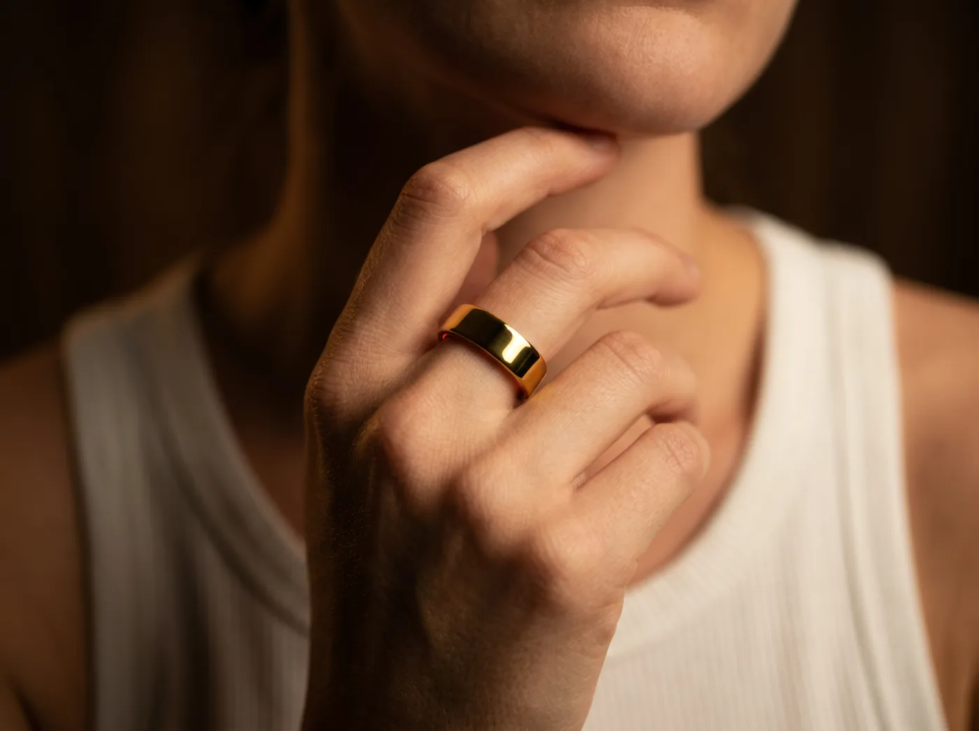 Gold Hope Ring 1 worn outdoors in wet conditions