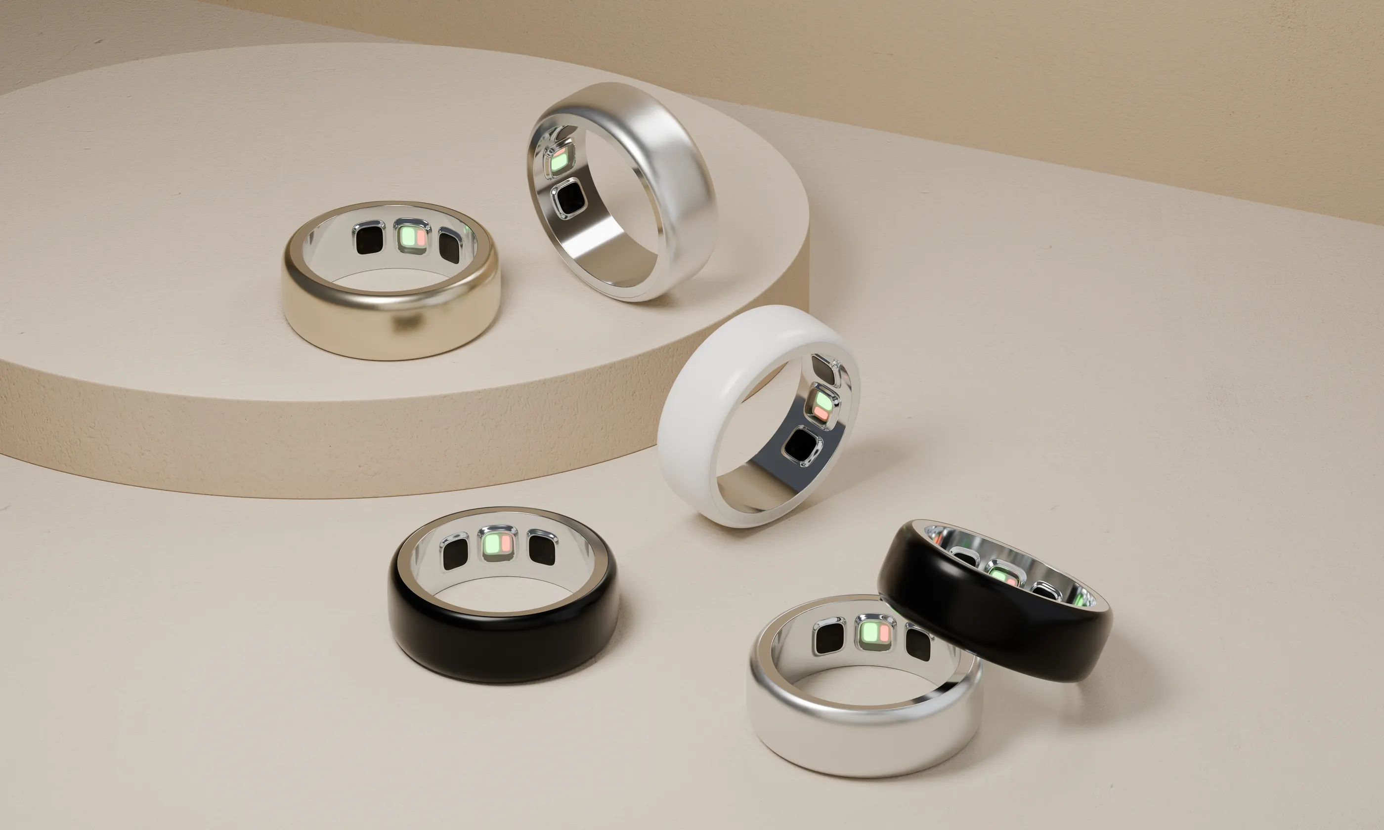 HOPE Ring B in black, silver, gold and white on a stone table