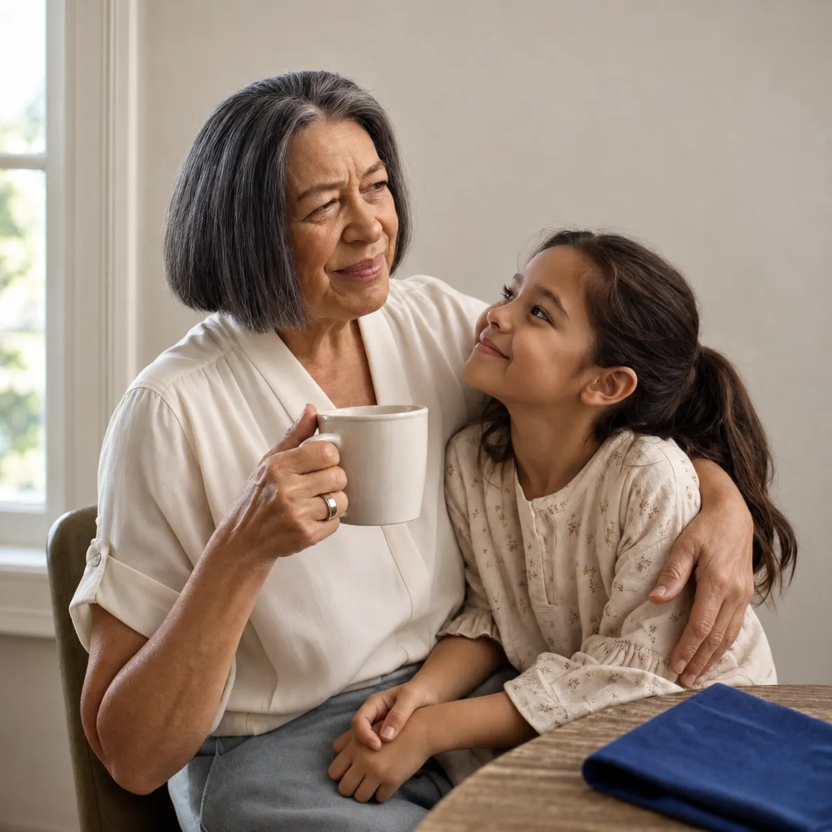 A grandmother wearing a HOPE ring hugs her granddaughter