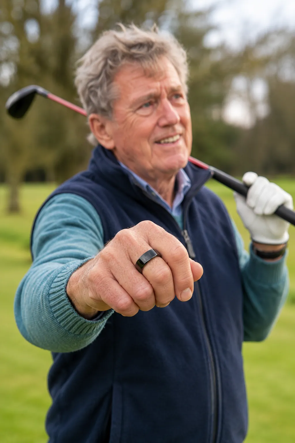 An older man on a golf course shows his HOPE ring