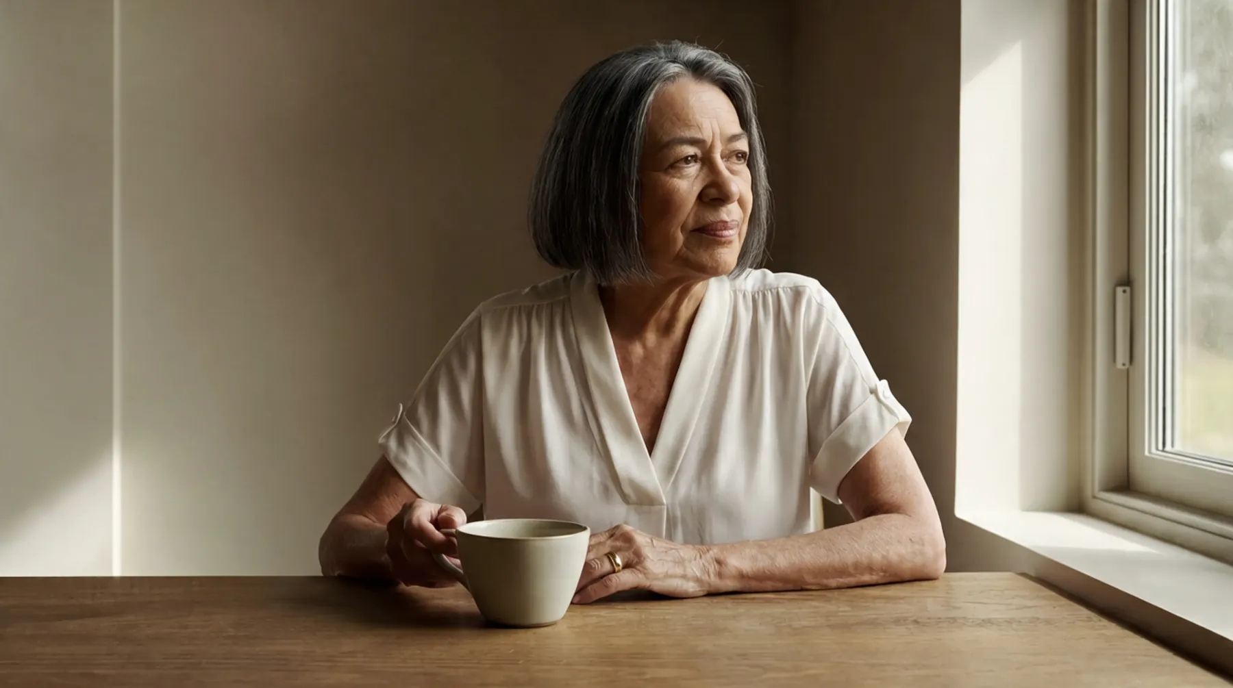An older woman wearing a HOPE ring enjoys a cup of tea by the window