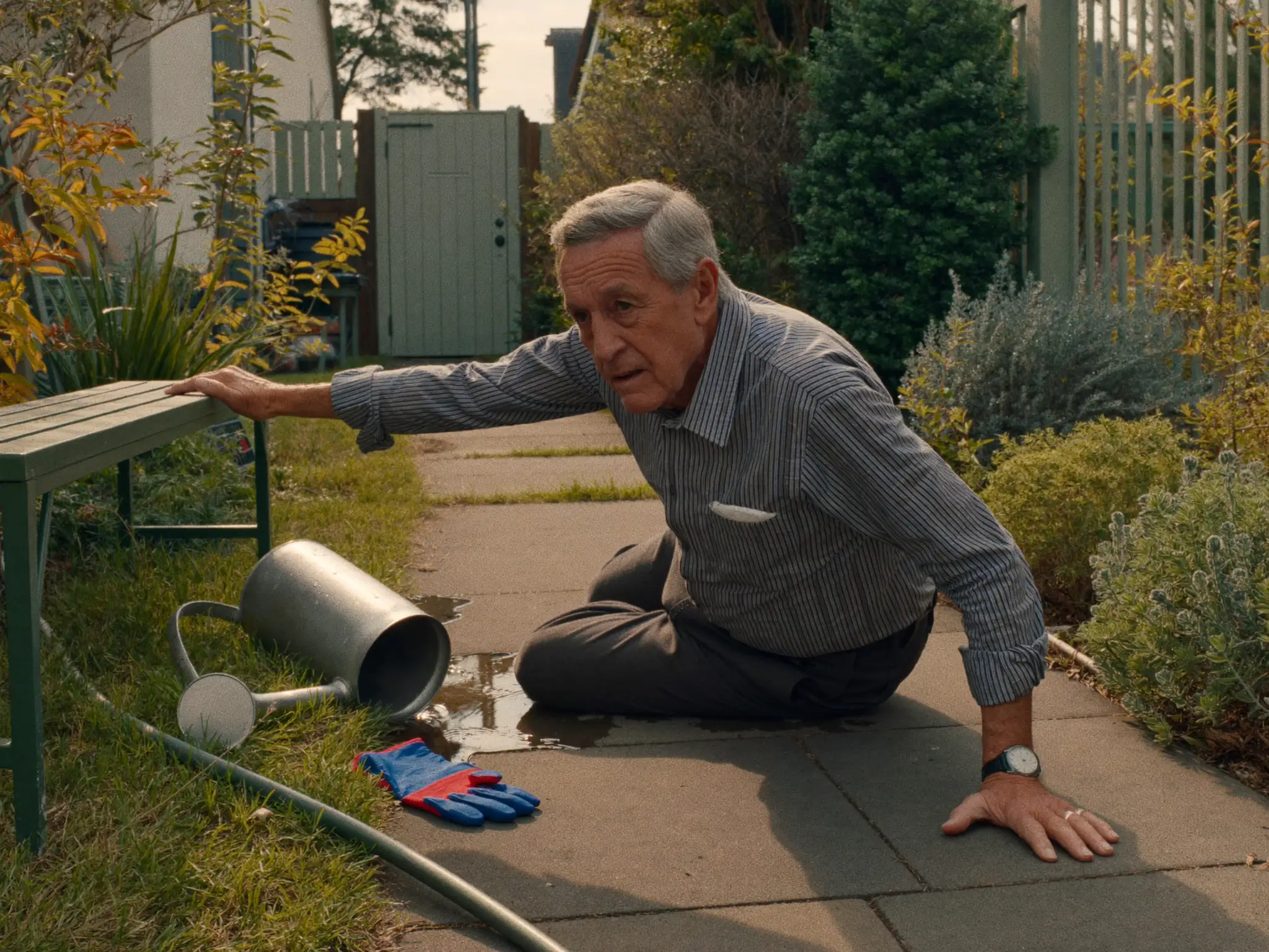 An older man has fallen on a garden path beside a watering can